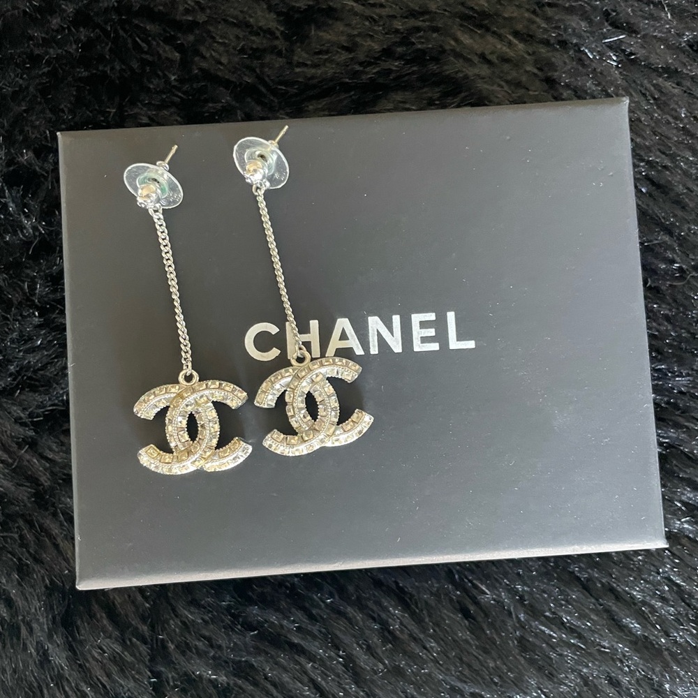 CHANEL Silver Dangle Logo Earrings